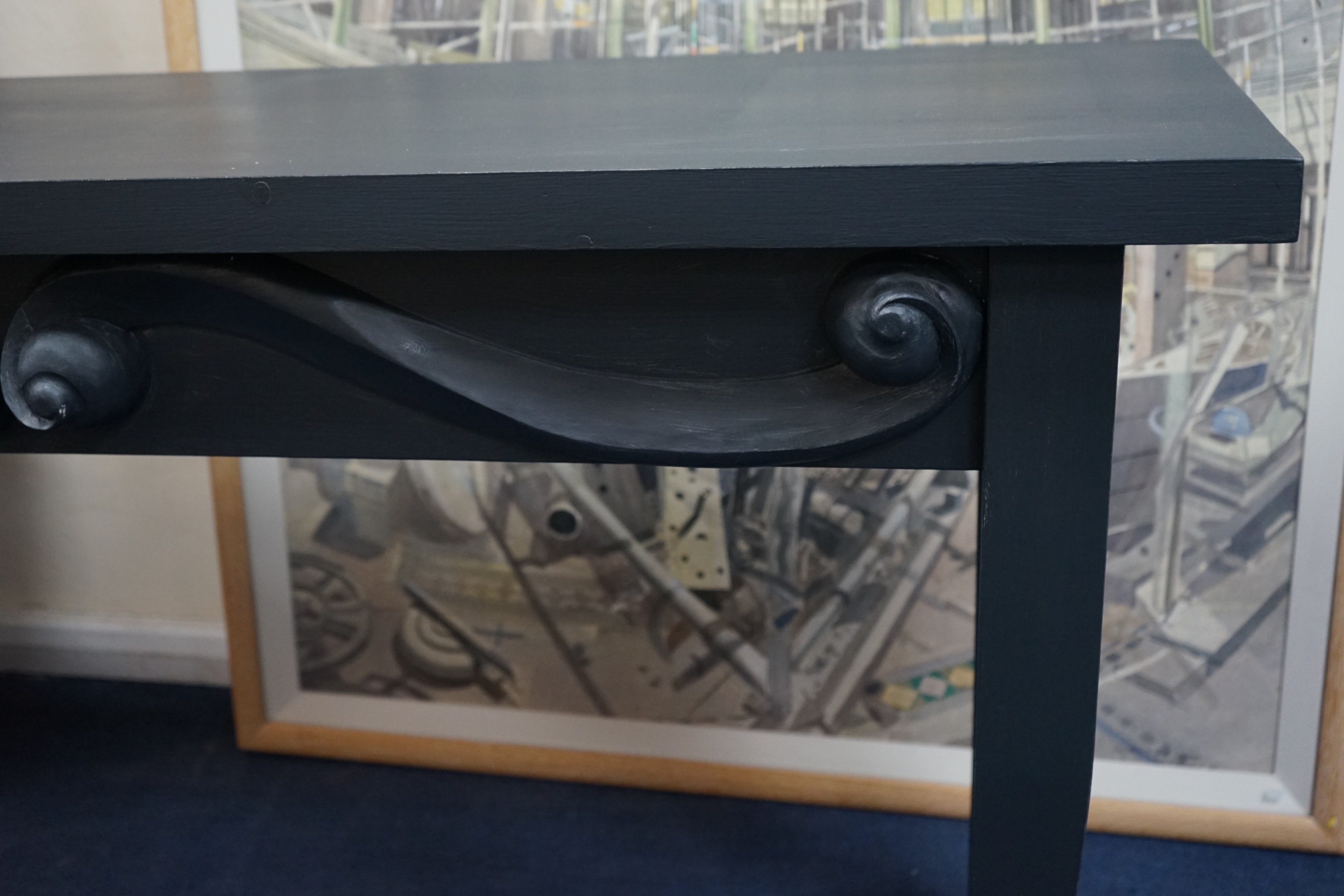 A grey painted pine console table, with scrolling apron, width 160cm depth 40cm height 78cm